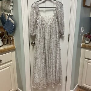 Women's White Floral Maxi Dress with Puff Sleeves